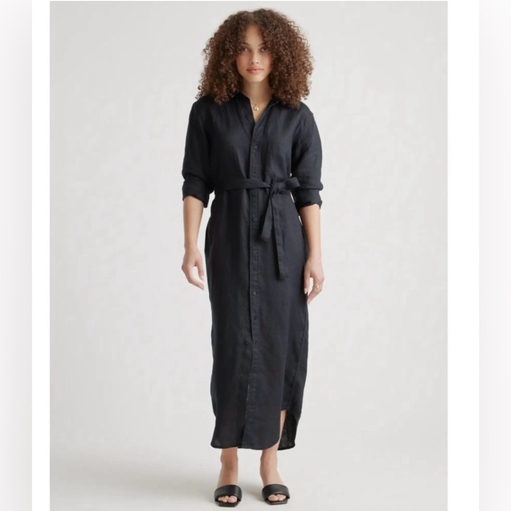 Quince Black European Linen Long Sleeve Maxi Shirt Dress sz S Small Belt NWT